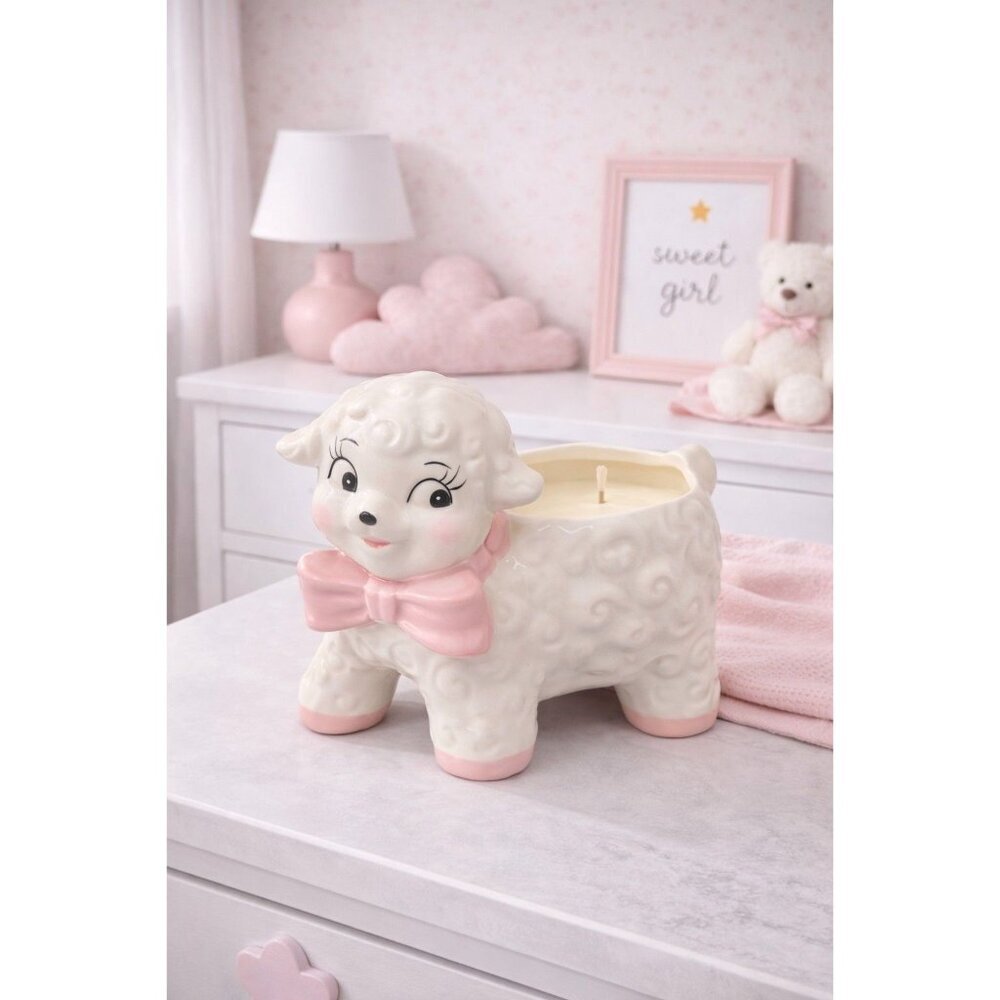 New Pink & White Baby Girl Lamb Nursey Baby Shower Candle Room Decor